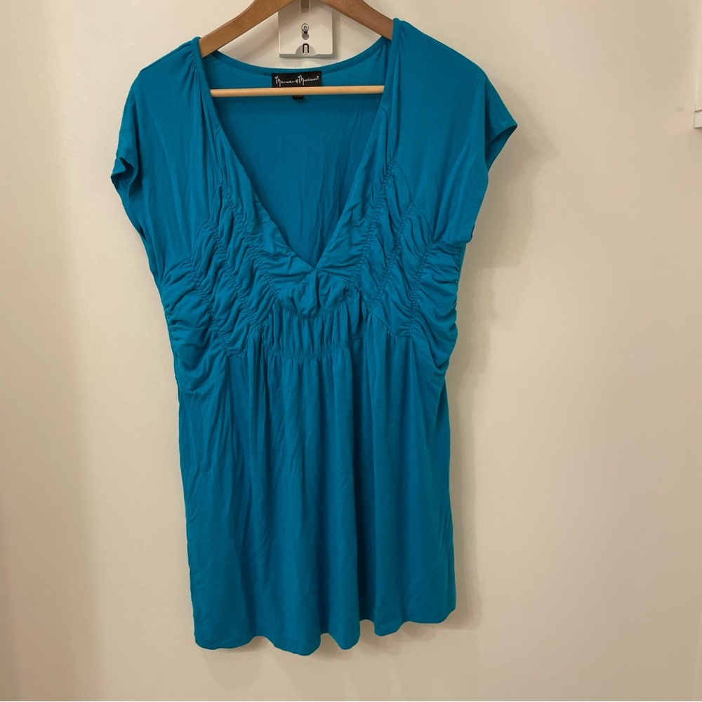 mercer & madison Teal V-Neck Ruched Short Sleeve Top